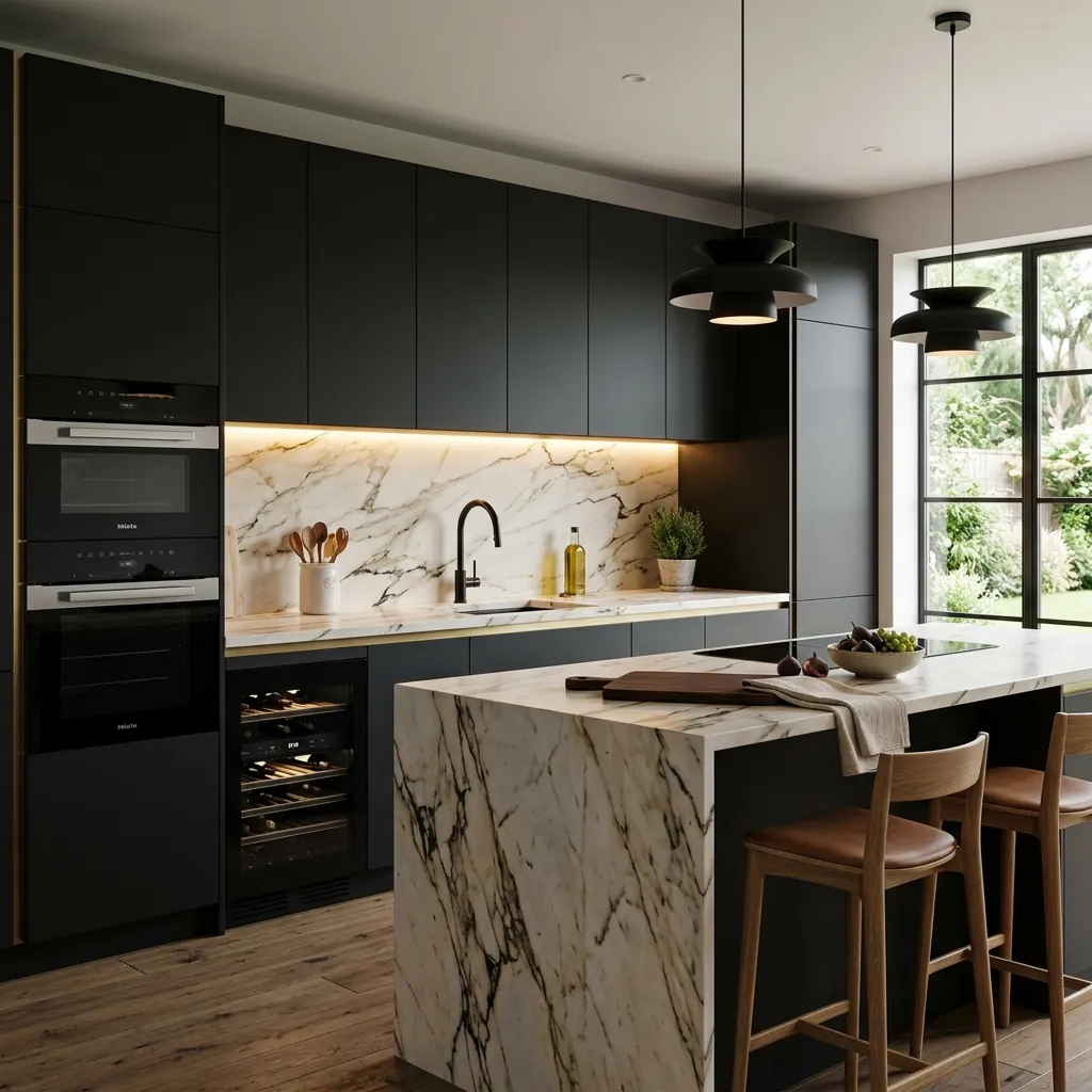 Cuisine haut de gamme sur mesure avec îlot central en marbre à Paris et en Île-de-France - ARTDEA